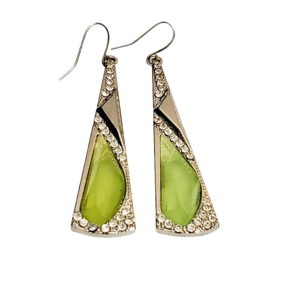 Silver Drop Dangle Hook Light Green Fashion Earrings 3" Long - Picture 4 of 4